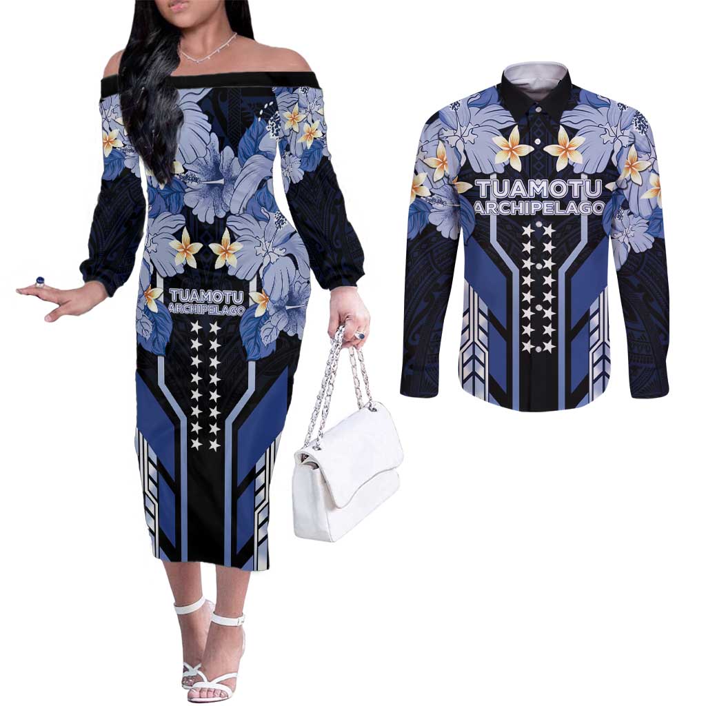 French Polynesia Tuamotu Archipelago Couples Matching Off The Shoulder Long Sleeve Dress and Long Sleeve Button Shirt Polynesian Pattern Unique Style