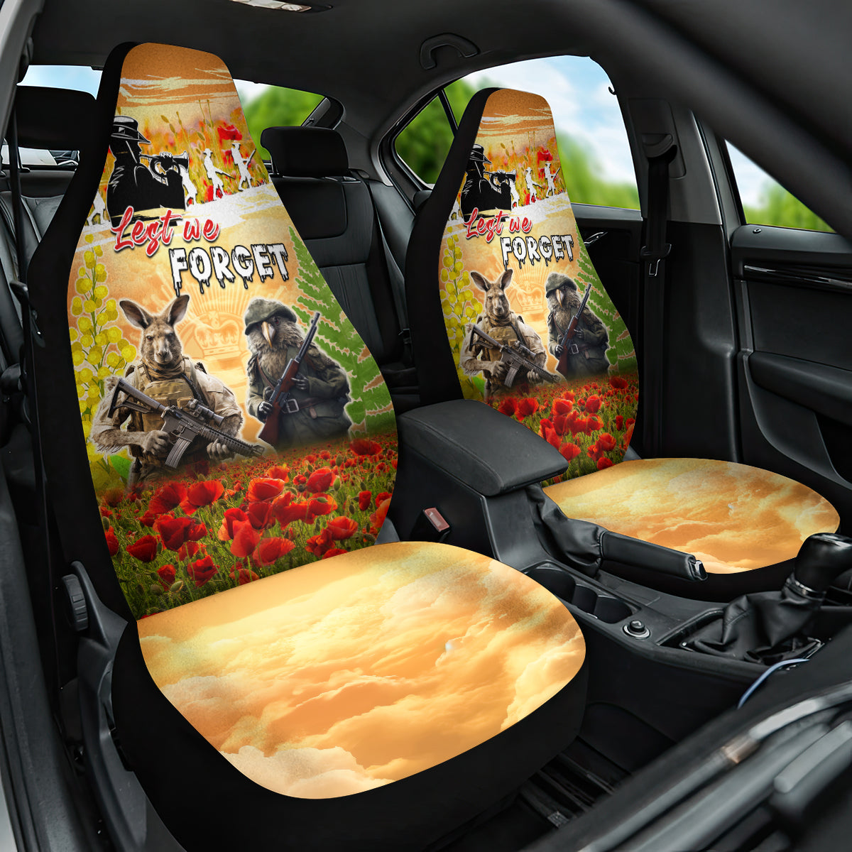 Australia And New Zealand ANZAC Day Car Seat Cover Kangaroo And Kiwi Bird Soldiers Lest We Forget