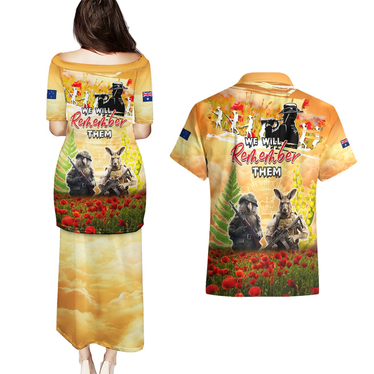 Australia And New Zealand ANZAC Day Couples Matching Puletasi and Hawaiian Shirt Kangaroo And Kiwi Bird Soldiers Lest We Forget LT05 - Polynesian Pride