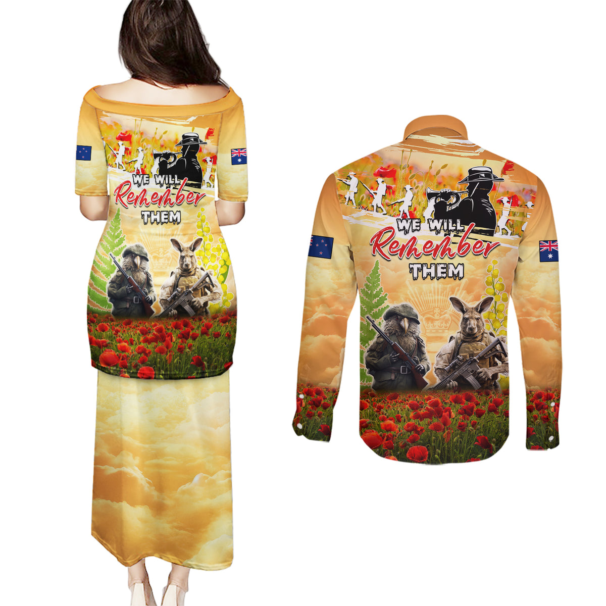 Australia And New Zealand ANZAC Day Couples Matching Puletasi and Long Sleeve Button Shirt Kangaroo And Kiwi Bird Soldiers Lest We Forget LT05 - Polynesian Pride