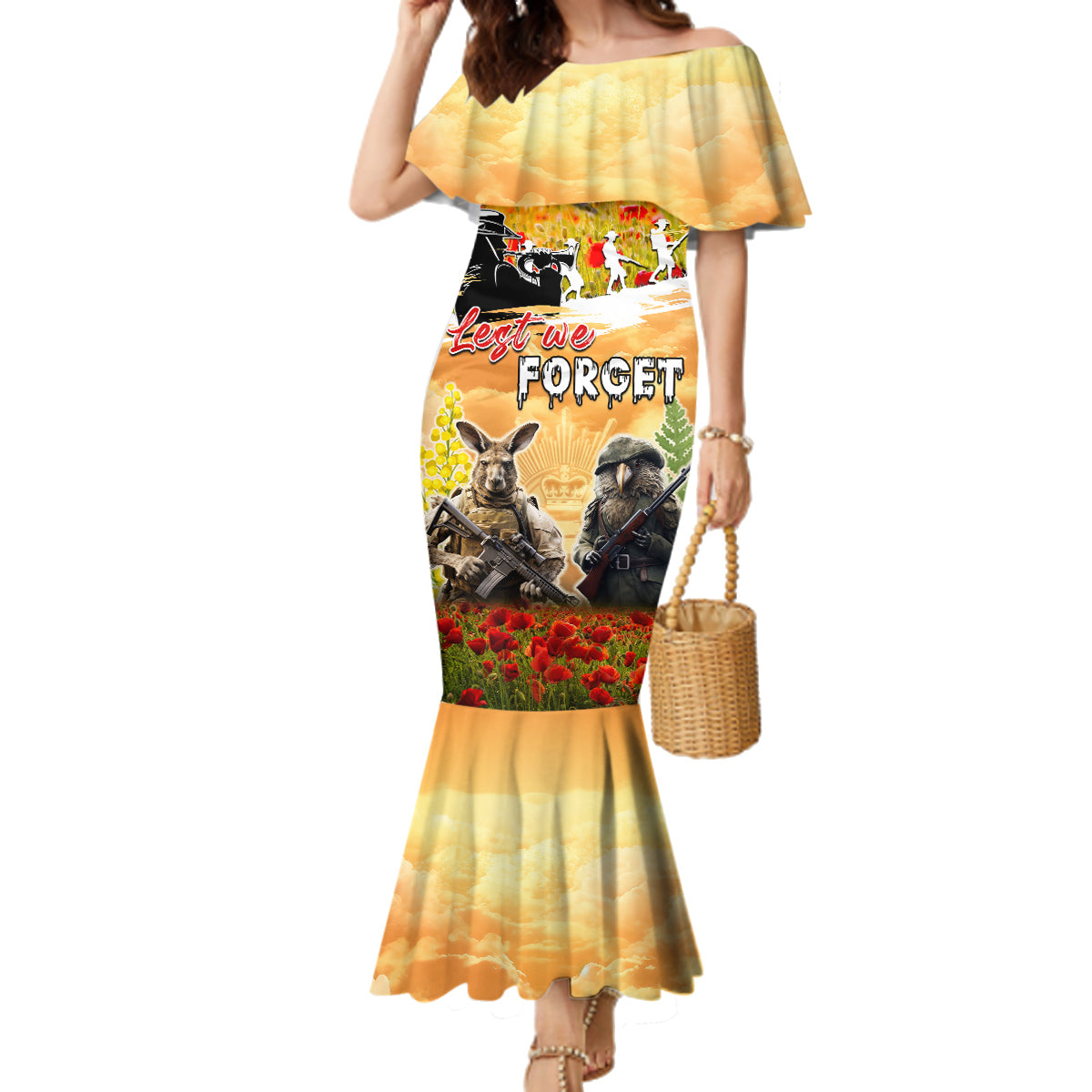 Australia And New Zealand ANZAC Day Family Matching Mermaid Dress and Hawaiian Shirt Kangaroo And Kiwi Bird Soldiers Lest We Forget LT05 Mom's Dress Yellow - Polynesian Pride