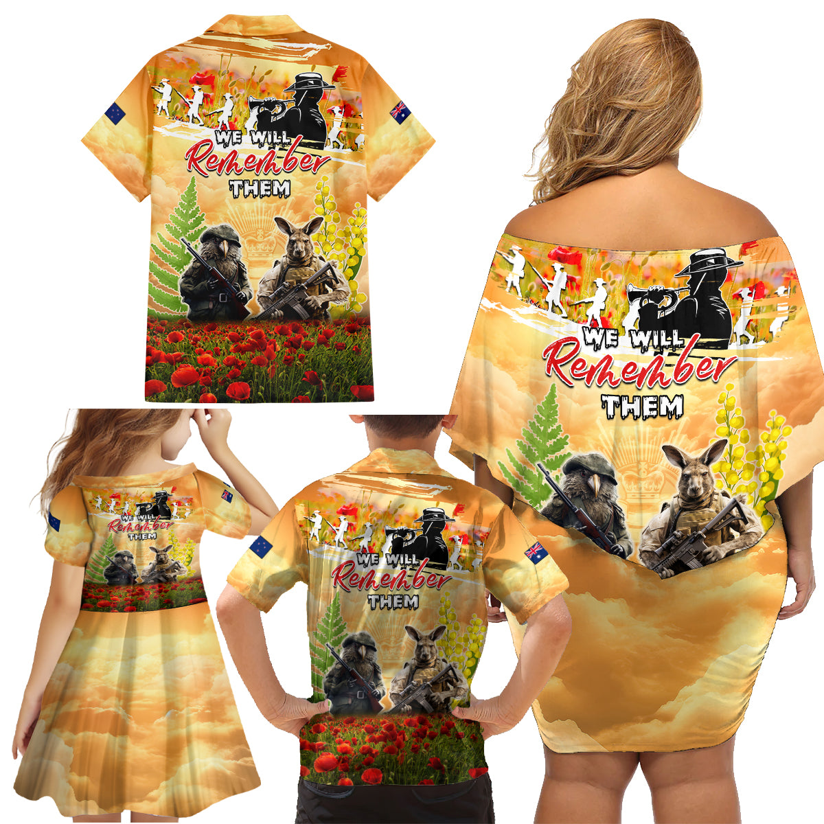 Australia And New Zealand ANZAC Day Family Matching Off Shoulder Short Dress and Hawaiian Shirt Kangaroo And Kiwi Bird Soldiers Lest We Forget LT05 - Polynesian Pride