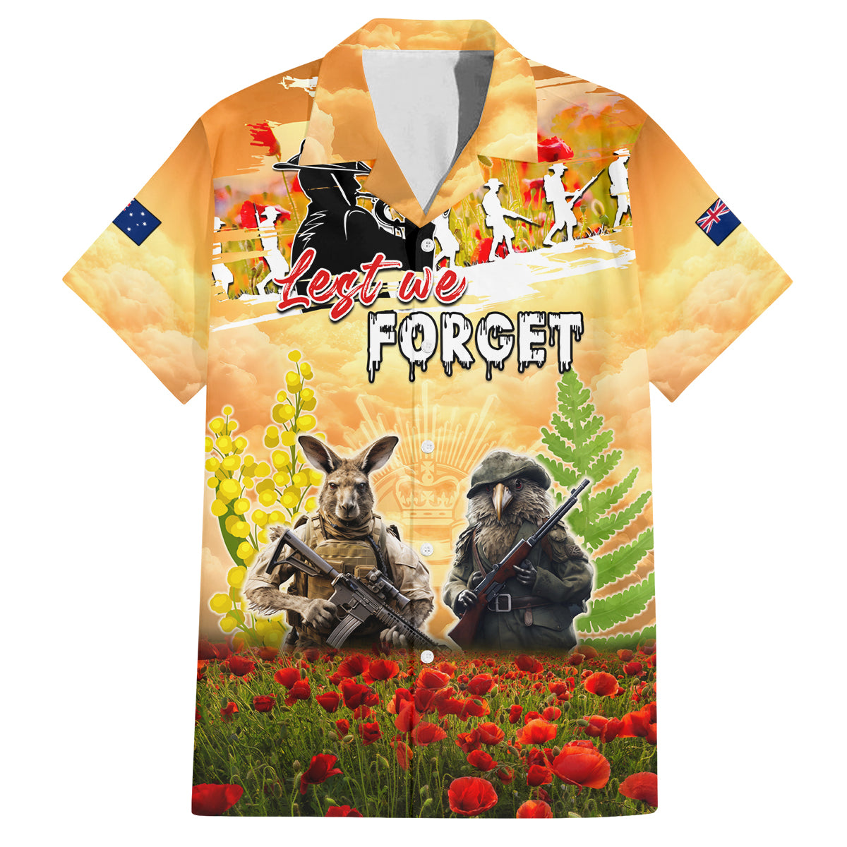 Australia And New Zealand ANZAC Day Family Matching Puletasi and Hawaiian Shirt Kangaroo And Kiwi Bird Soldiers Lest We Forget LT05 Dad's Shirt - Short Sleeve Yellow - Polynesian Pride