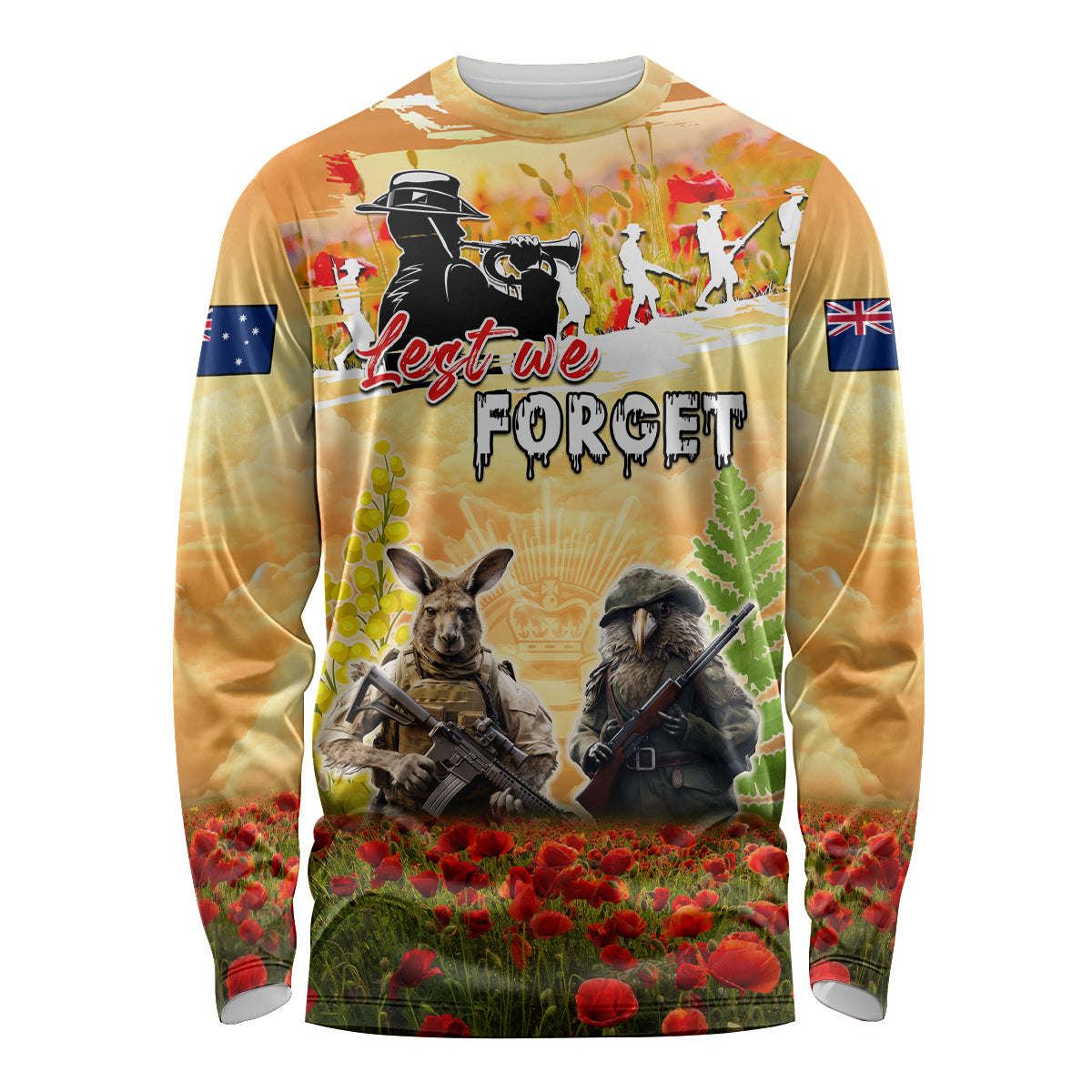 Australia And New Zealand ANZAC Day Long Sleeve Shirt Kangaroo And Kiwi Bird Soldiers Lest We Forget LT05 Unisex Yellow - Polynesian Pride