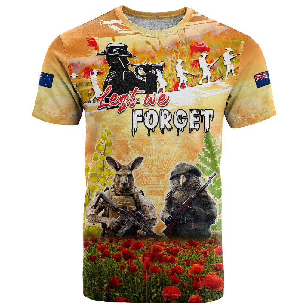 Australia And New Zealand ANZAC Day T Shirt Kangaroo And Kiwi Bird Soldiers Lest We Forget LT05 Yellow - Polynesian Pride