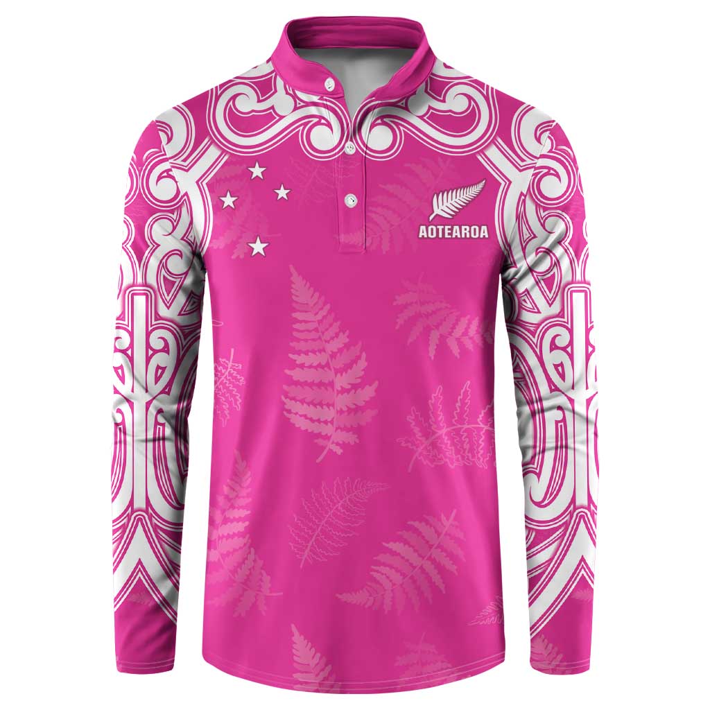 New Zealand Fern Women Rugby Custom Button Sweatshirt Pink Maori Pattern