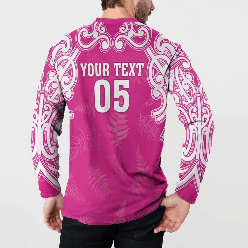 New Zealand Fern Women Rugby Custom Button Sweatshirt Pink Maori Pattern