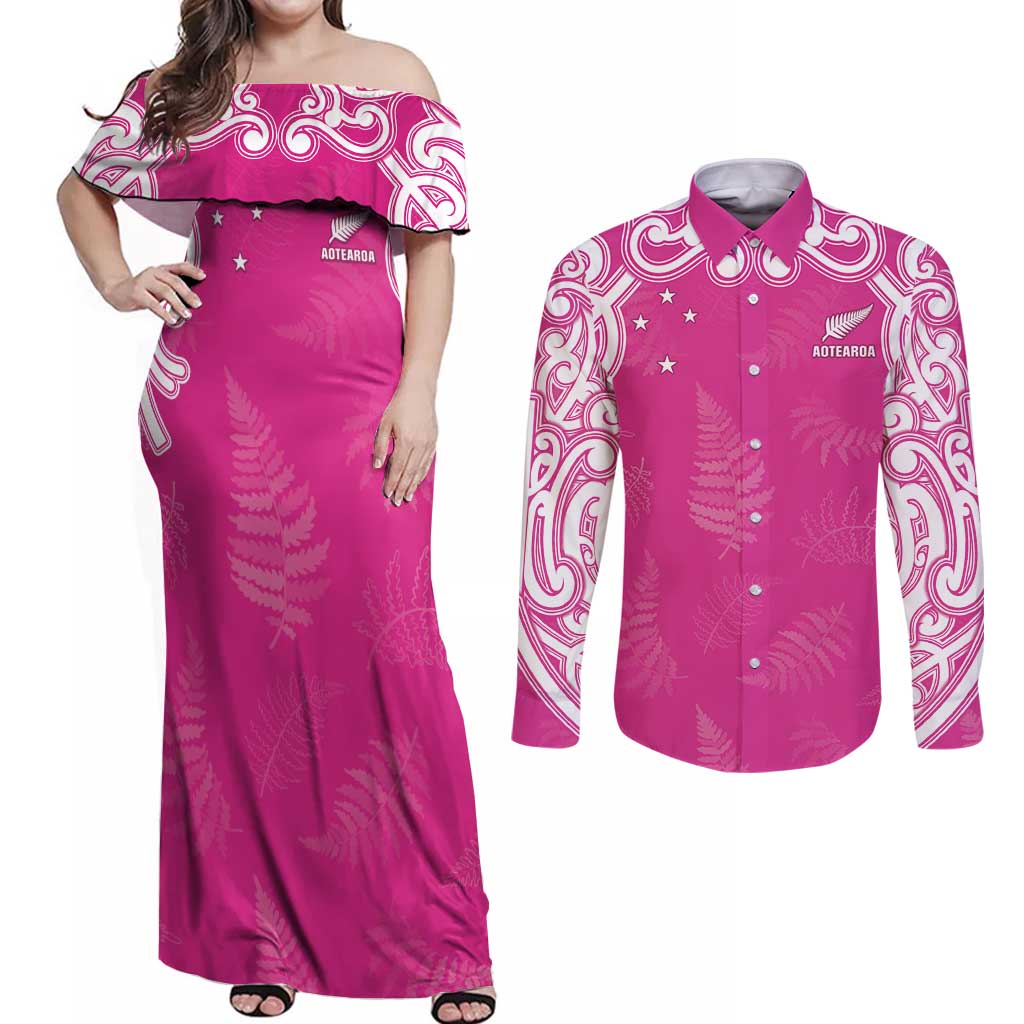 New Zealand Fern Women Rugby Custom Couples Matching Off Shoulder Maxi Dress and Long Sleeve Button Shirt Pink Maori Pattern
