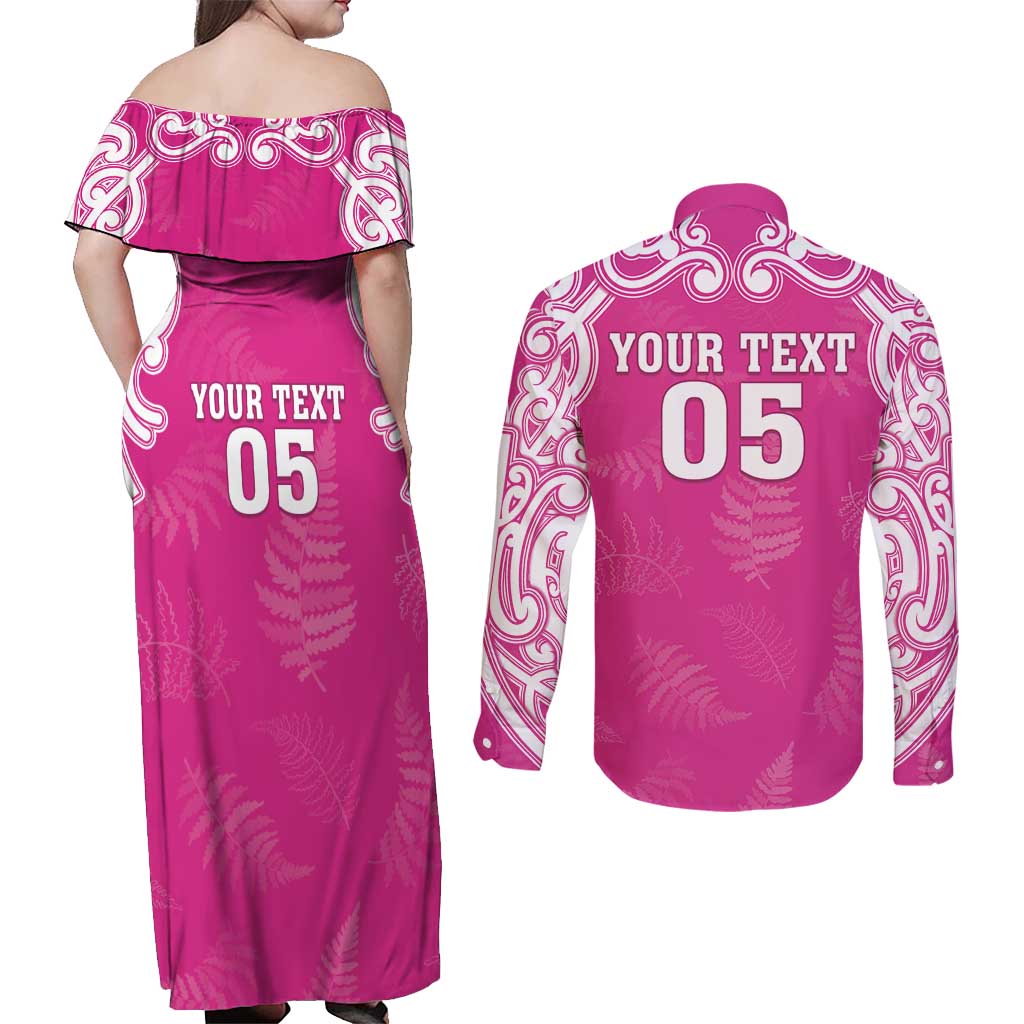 New Zealand Fern Women Rugby Custom Couples Matching Off Shoulder Maxi Dress and Long Sleeve Button Shirt Pink Maori Pattern