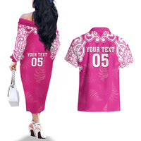 New Zealand Fern Women Rugby Custom Couples Matching Off The Shoulder Long Sleeve Dress and Hawaiian Shirt Pink Maori Pattern
