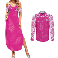 New Zealand Fern Women Rugby Custom Couples Matching Summer Maxi Dress and Long Sleeve Button Shirt Pink Maori Pattern