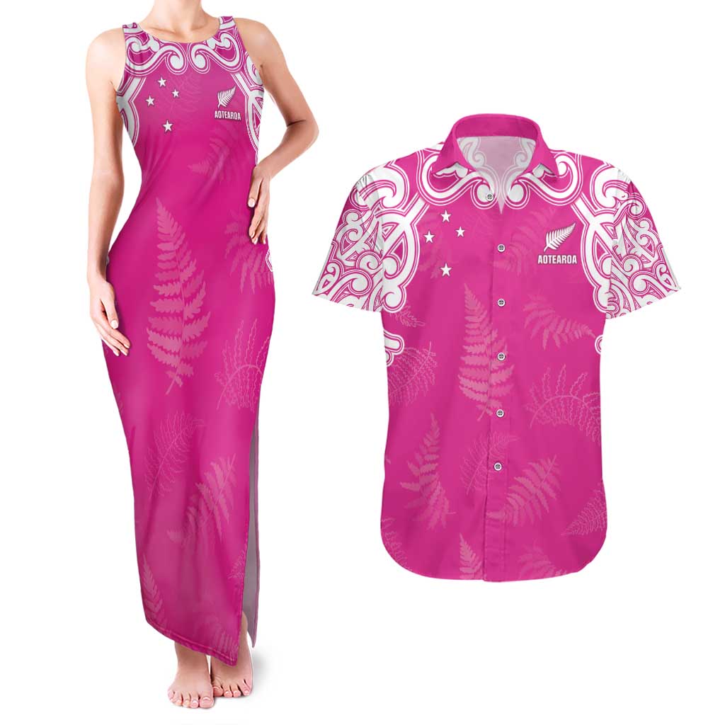 New Zealand Fern Women Rugby Custom Couples Matching Tank Maxi Dress and Hawaiian Shirt Pink Maori Pattern