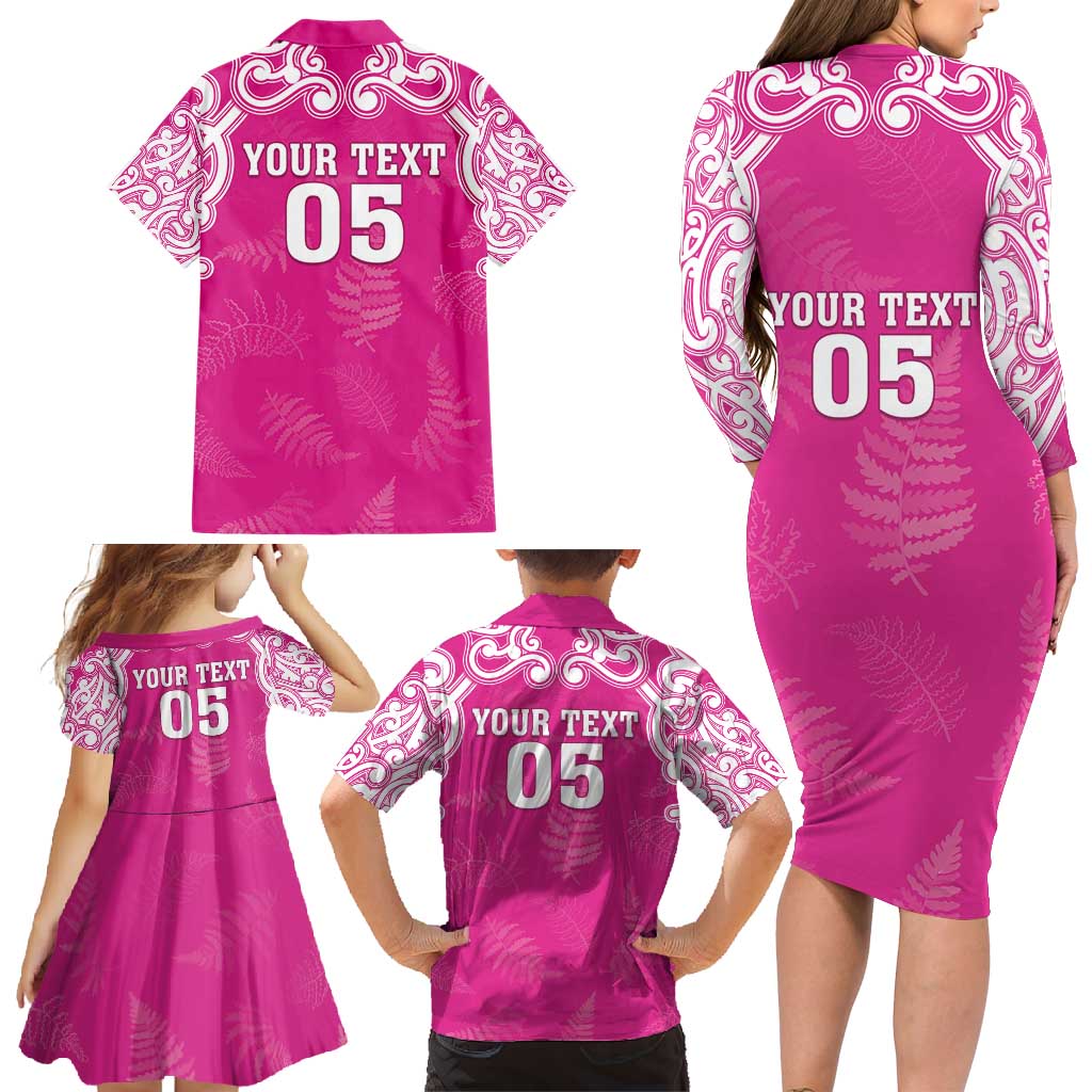 New Zealand Fern Women Rugby Custom Family Matching Long Sleeve Bodycon Dress and Hawaiian Shirt Pink Maori Pattern