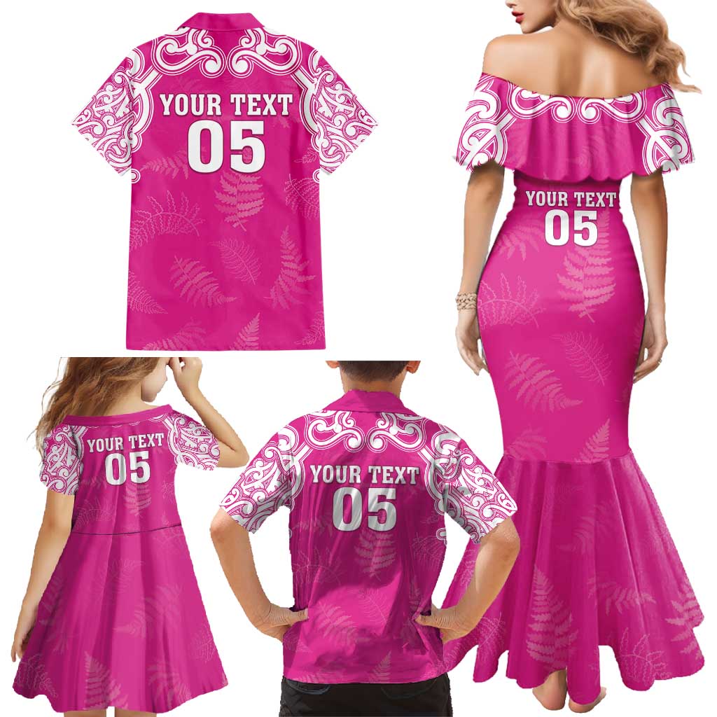 New Zealand Fern Women Rugby Custom Family Matching Mermaid Dress and Hawaiian Shirt Pink Maori Pattern