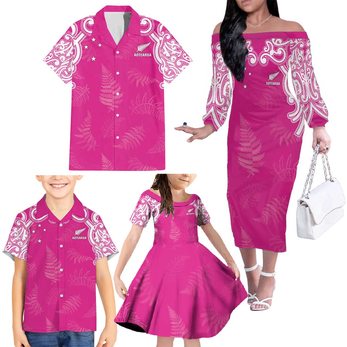 New Zealand Fern Women Rugby Custom Family Matching Off The Shoulder Long Sleeve Dress and Hawaiian Shirt Pink Maori Pattern