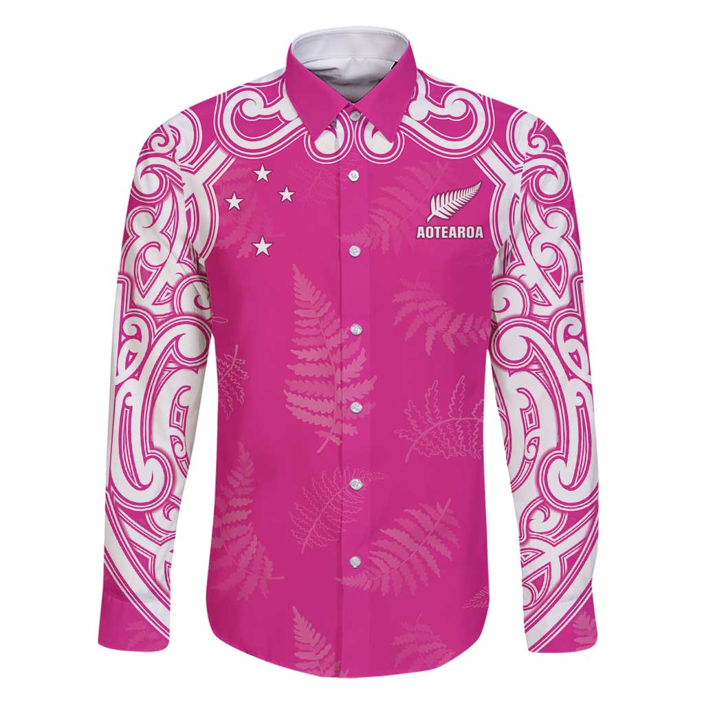 New Zealand Fern Women Rugby Custom Family Matching Off Shoulder Short Dress and Hawaiian Shirt Pink Maori Pattern