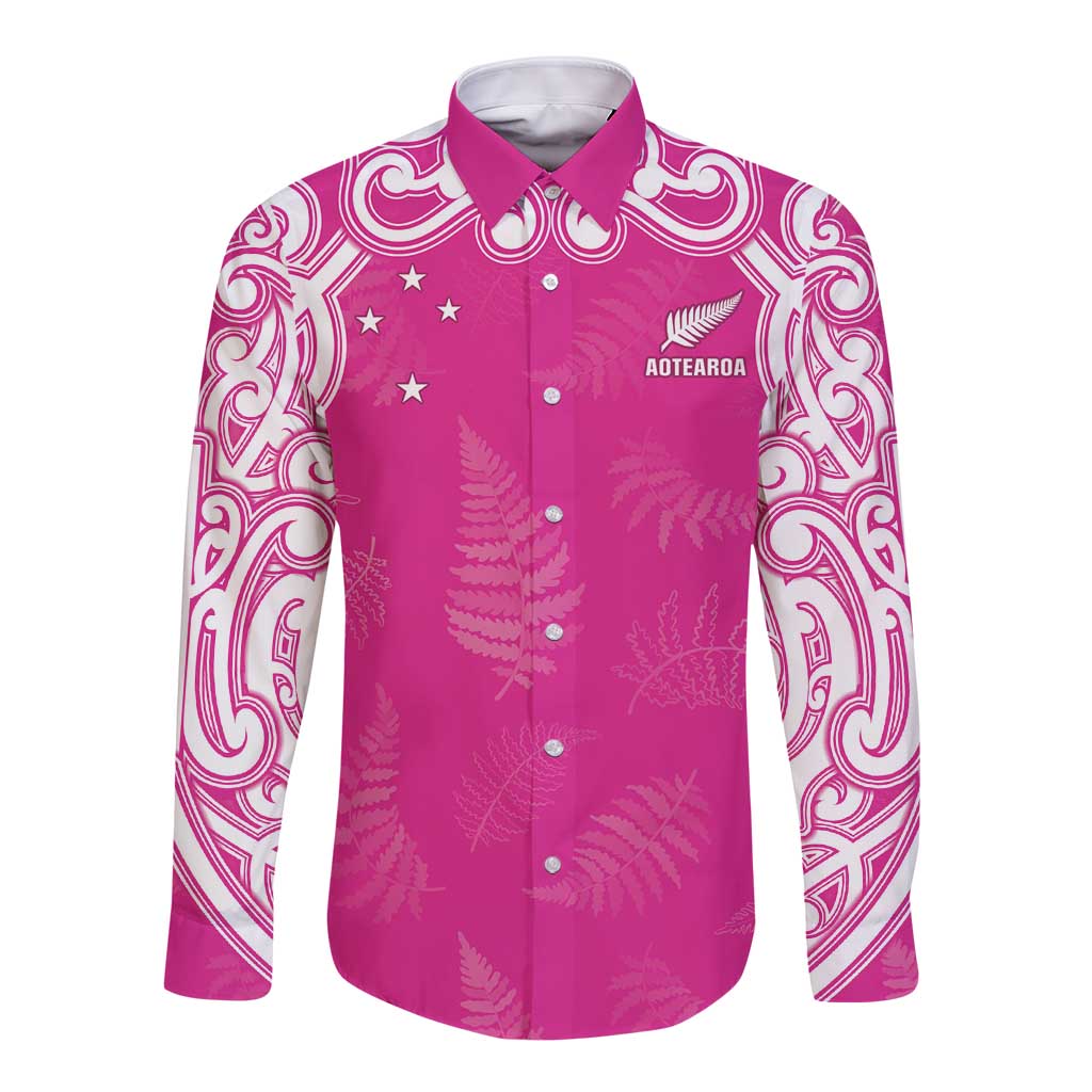 New Zealand Fern Women Rugby Custom Long Sleeve Button Shirt Pink Maori Pattern