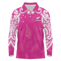 New Zealand Fern Women Rugby Custom Long Sleeve Polo Shirt Pink Maori Pattern