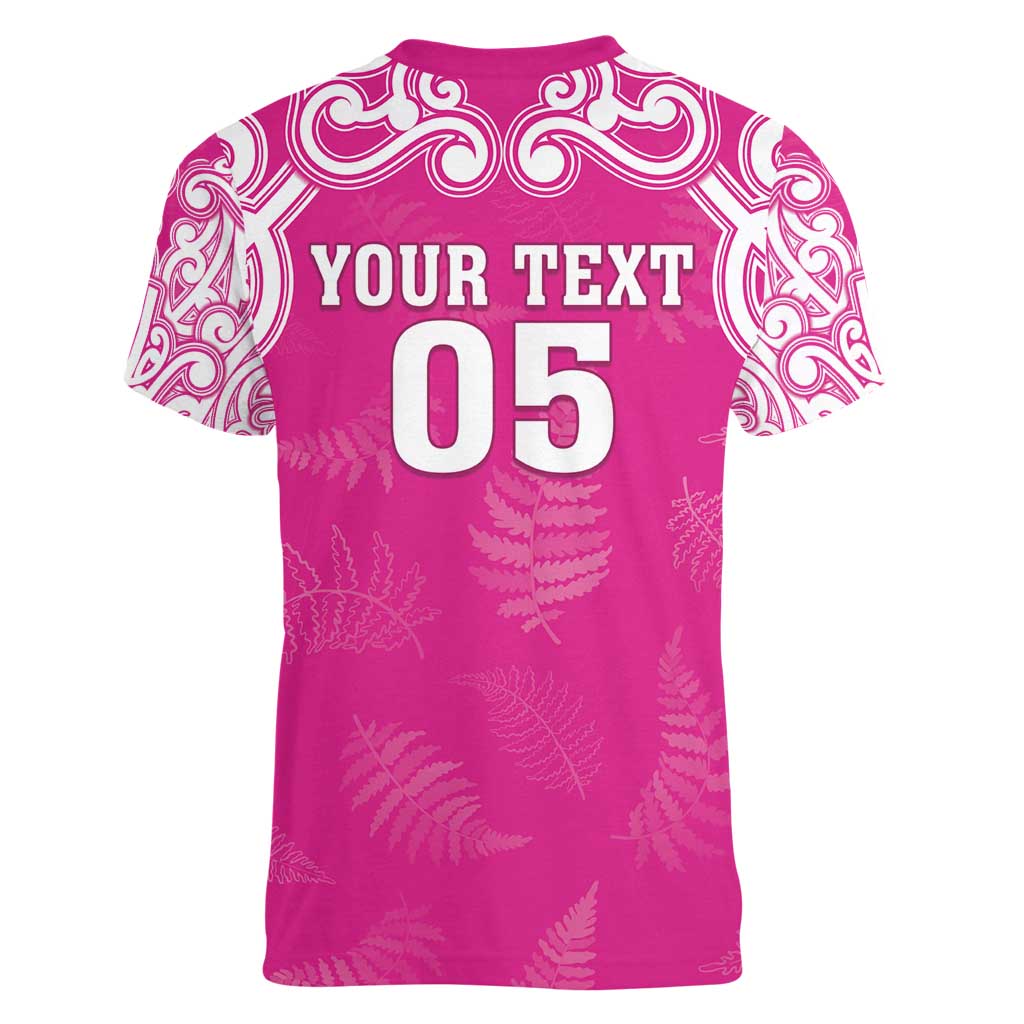 New Zealand Fern Women Rugby Custom Women V-Neck T-Shirt Pink Maori Pattern