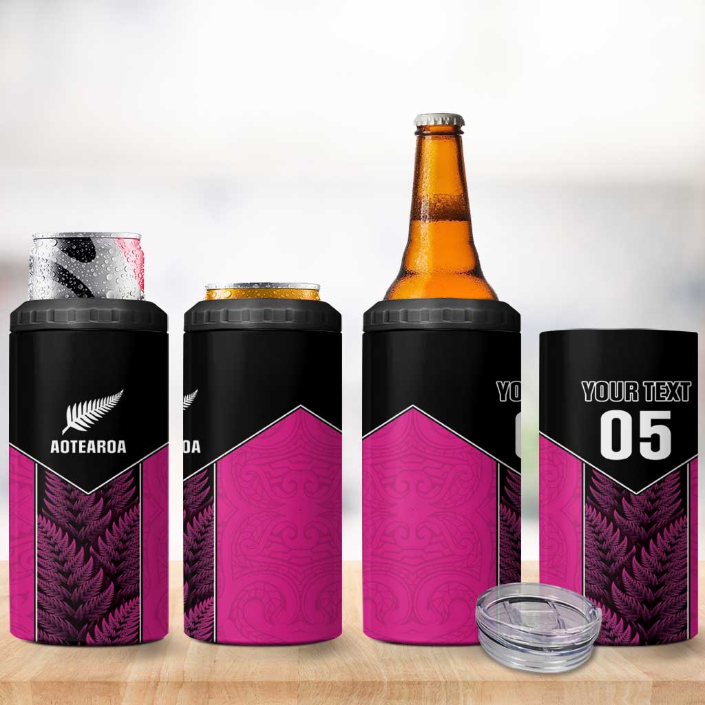 New Zealand Fern Rugby Custom 4 in 1 Can Cooler Tumbler Pink Maori Pattern