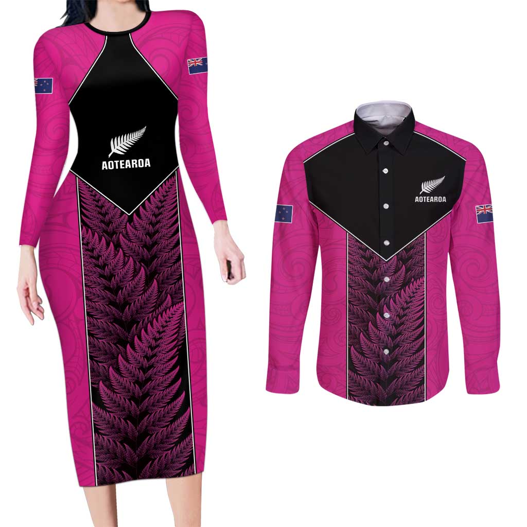 New Zealand Fern Rugby Custom Couples Matching Long Sleeve Bodycon Dress and Long Sleeve Button Shirt Pink Maori Pattern