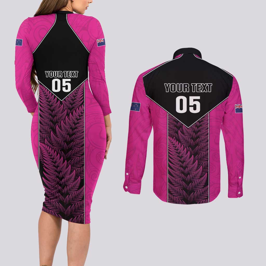 New Zealand Fern Rugby Custom Couples Matching Long Sleeve Bodycon Dress and Long Sleeve Button Shirt Pink Maori Pattern
