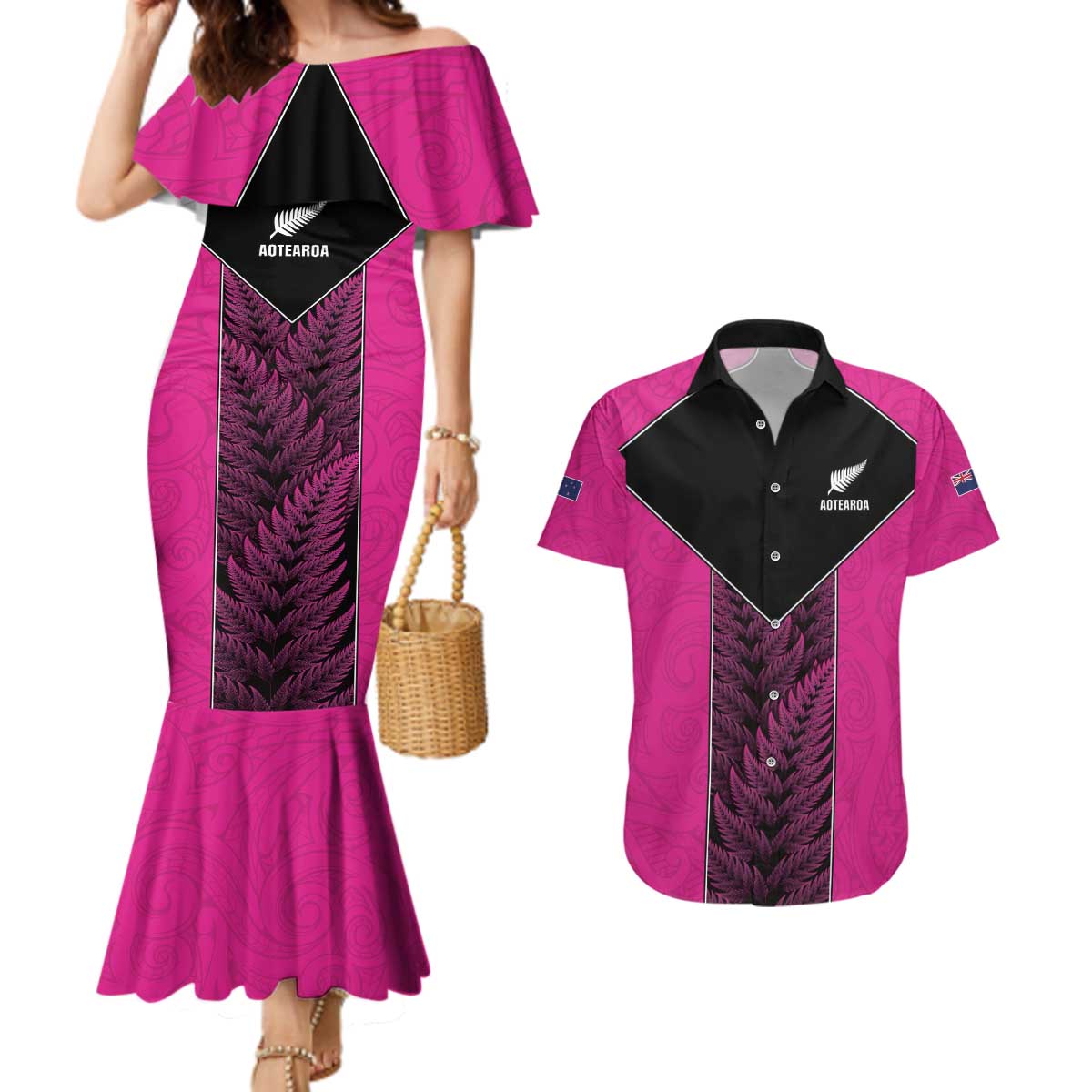 New Zealand Fern Rugby Custom Couples Matching Mermaid Dress and Hawaiian Shirt Pink Maori Pattern