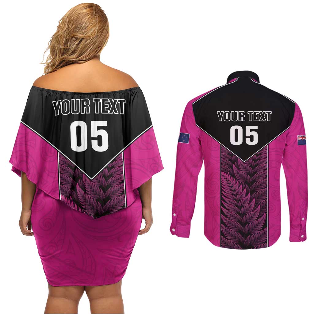 New Zealand Fern Rugby Custom Couples Matching Off Shoulder Short Dress and Long Sleeve Button Shirt Pink Maori Pattern