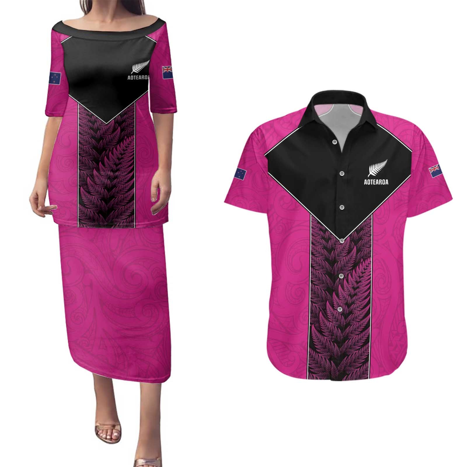 New Zealand Fern Rugby Custom Couples Matching Puletasi and Hawaiian Shirt Pink Maori Pattern