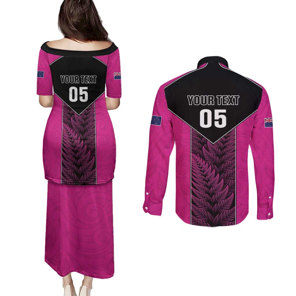 New Zealand Fern Rugby Custom Couples Matching Puletasi and Long Sleeve Button Shirt Pink Maori Pattern