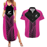 New Zealand Fern Rugby Custom Couples Matching Summer Maxi Dress and Hawaiian Shirt Pink Maori Pattern