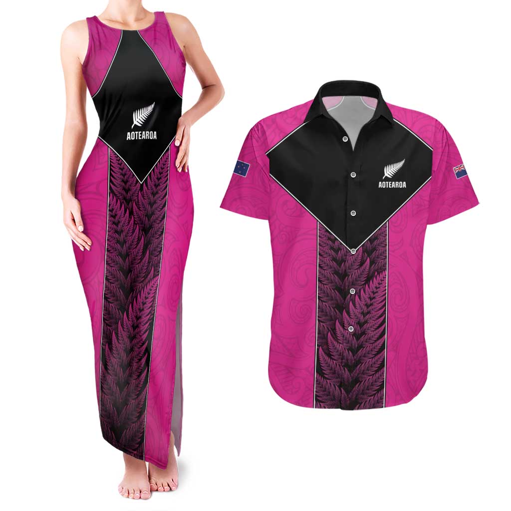 New Zealand Fern Rugby Custom Couples Matching Tank Maxi Dress and Hawaiian Shirt Pink Maori Pattern