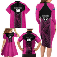 New Zealand Fern Rugby Custom Family Matching Long Sleeve Bodycon Dress and Hawaiian Shirt Pink Maori Pattern