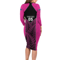 New Zealand Fern Rugby Custom Family Matching Long Sleeve Bodycon Dress and Hawaiian Shirt Pink Maori Pattern