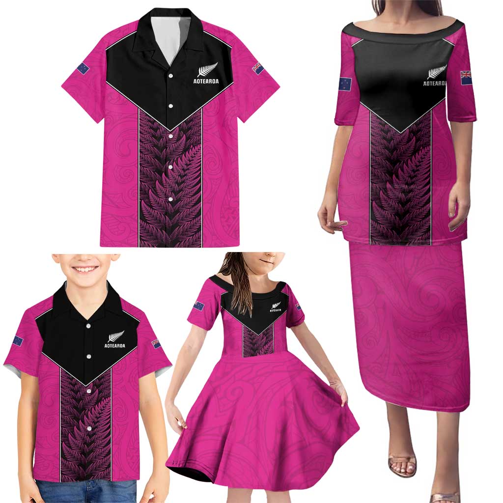New Zealand Fern Rugby Custom Family Matching Puletasi and Hawaiian Shirt Pink Maori Pattern