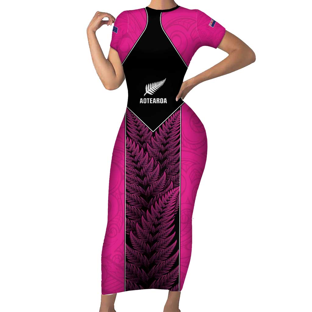 New Zealand Fern Rugby Custom Family Matching Short Sleeve Bodycon Dress and Hawaiian Shirt Pink Maori Pattern