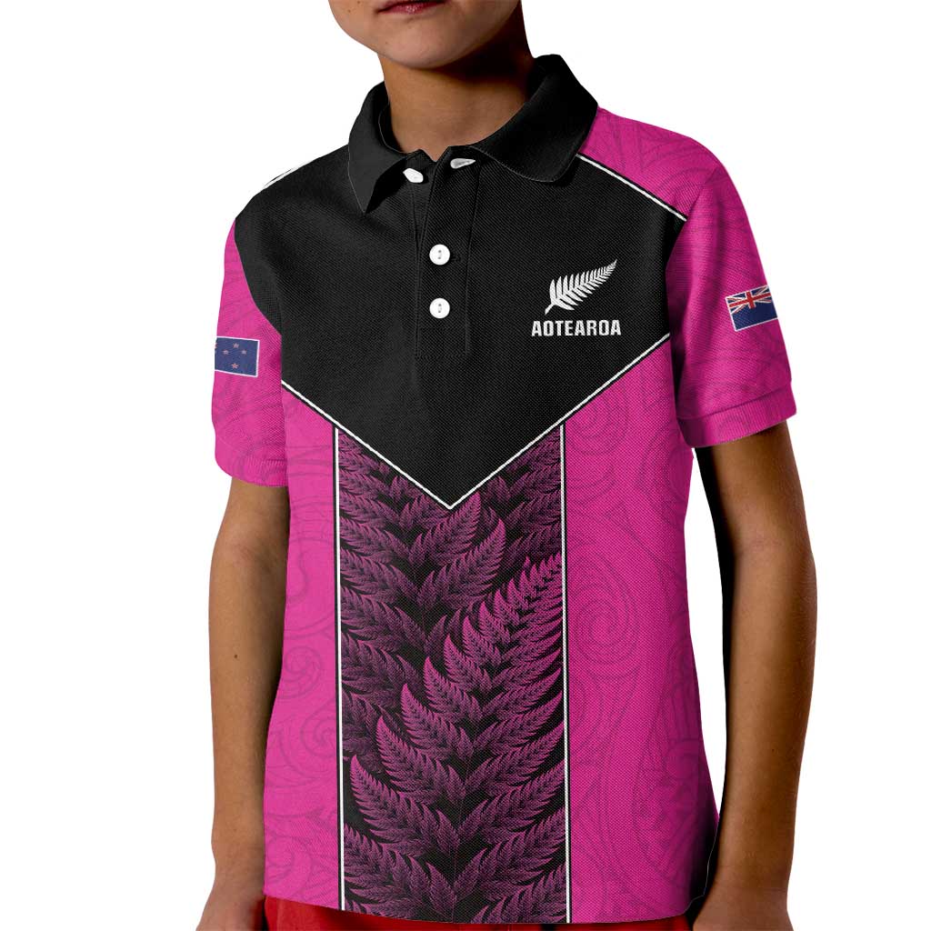 New Zealand Fern Rugby Custom Kid Polo Shirt Pink Maori Pattern