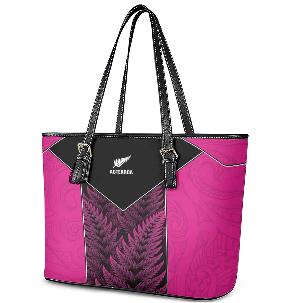 New Zealand Fern Rugby Leather Tote Bag Pink Maori Pattern
