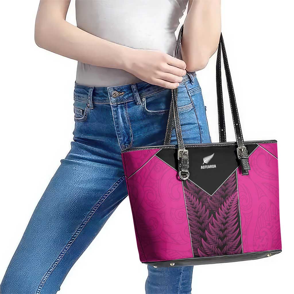 New Zealand Fern Rugby Leather Tote Bag Pink Maori Pattern