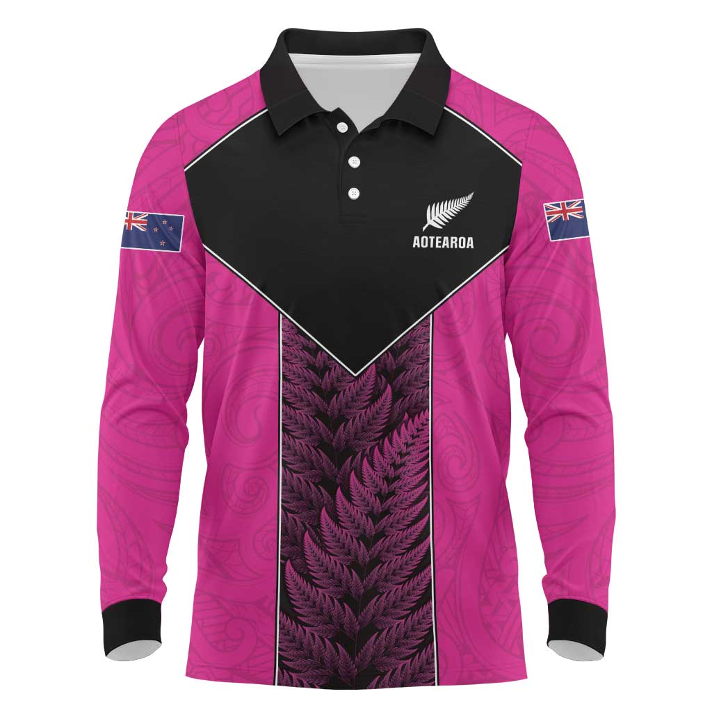 New Zealand Fern Rugby Custom Long Sleeve Polo Shirt Pink Maori Pattern