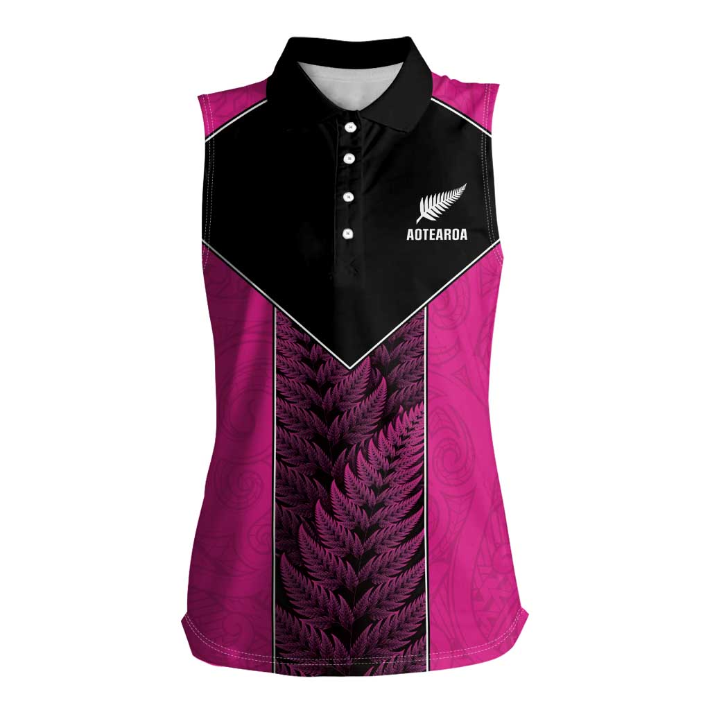 New Zealand Fern Rugby Custom Women Sleeveless Polo Shirt Pink Maori Pattern