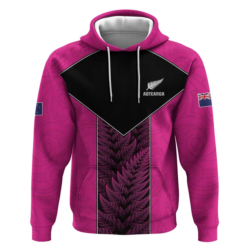 New Zealand Fern Rugby Custom Zip Hoodie Pink Maori Pattern