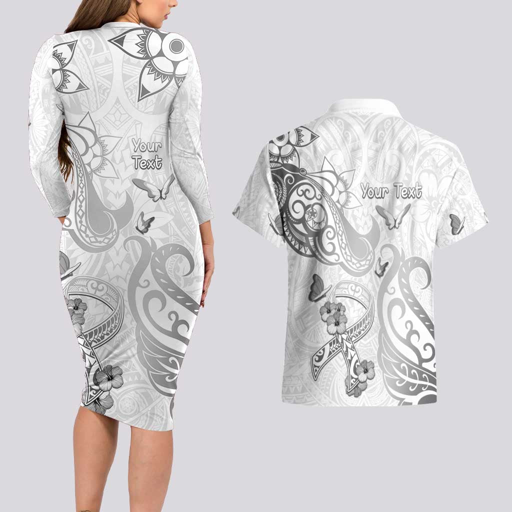 Personalised Brain Cancer Awareness Couples Matching Long Sleeve Bodycon Dress and Hawaiian Shirt Ribbon Polynesian Pattern