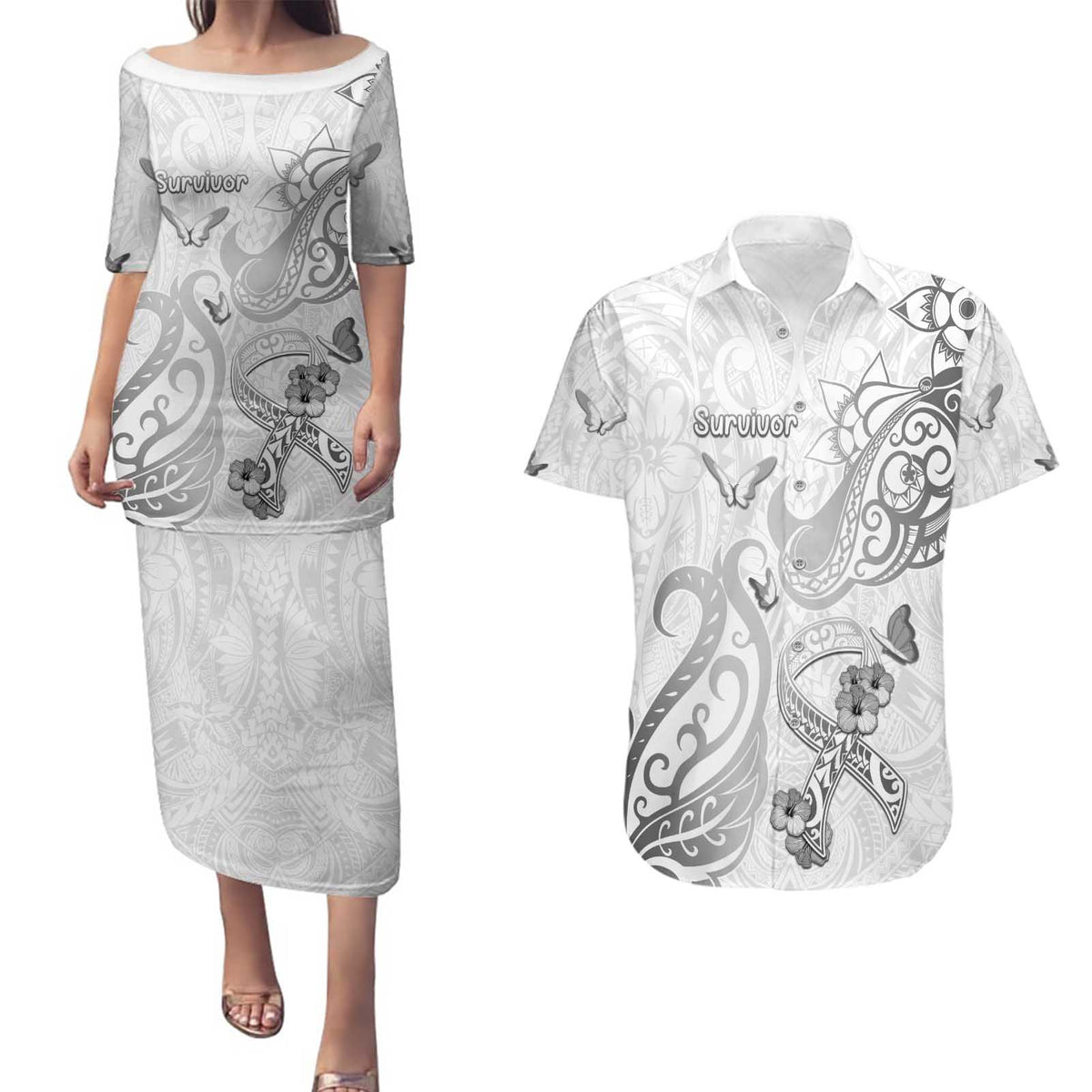 Personalised Brain Cancer Awareness Couples Matching Puletasi and Hawaiian Shirt Ribbon Polynesian Pattern