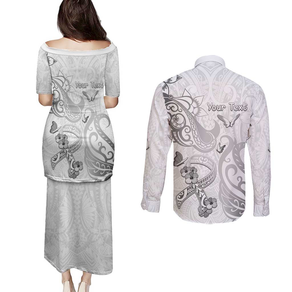 Personalised Brain Cancer Awareness Couples Matching Puletasi and Long Sleeve Button Shirt Ribbon Polynesian Pattern