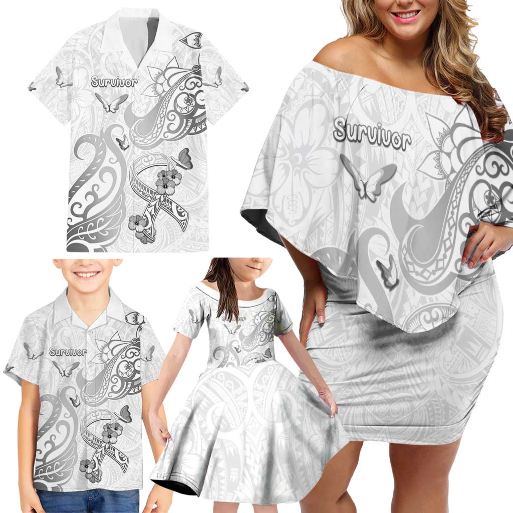 Personalised Brain Cancer Awareness Family Matching Off Shoulder Short Dress and Hawaiian Shirt Ribbon Polynesian Pattern