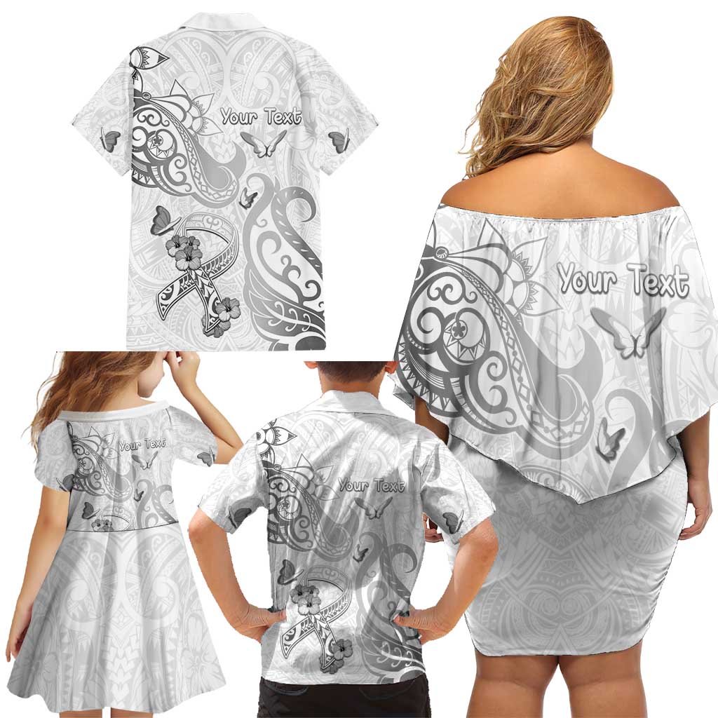 Personalised Brain Cancer Awareness Family Matching Off Shoulder Short Dress and Hawaiian Shirt Ribbon Polynesian Pattern