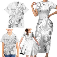 Personalised Brain Cancer Awareness Family Matching Short Sleeve Bodycon Dress and Hawaiian Shirt Ribbon Polynesian Pattern