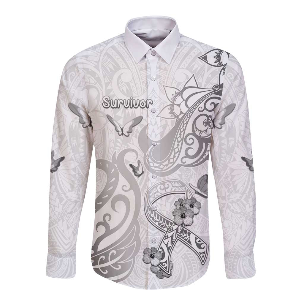 Personalised Brain Cancer Awareness Long Sleeve Button Shirt Ribbon Polynesian Pattern