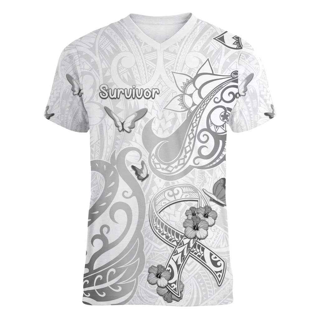 Personalised Brain Cancer Awareness Women V-Neck T-Shirt Ribbon Polynesian Pattern LT05 Female White - Polynesian Pride